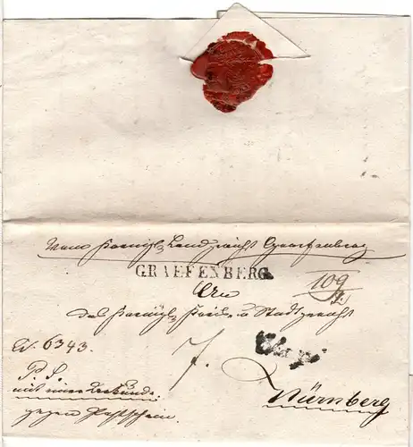 Bayern 1843, L1 GRAEFENBERG u. Chargé auf schönem Brief n. Nürnberg.