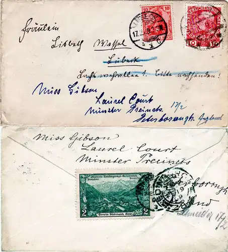 Österreich 1909, 10 H. auf Brief v. Meran m. 10 Pf. DR f. Nachsendung v. Lübeck