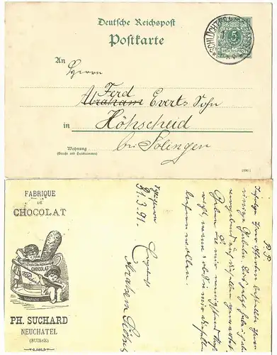 DR 1891, 5 Pf. Privat Ganzsache Chocolat Suchard, gebr. v. Schlüchtern