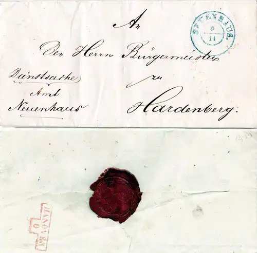 Hannover 1854, K2 NEUENHAUS auf portoreiem Amts Brief n. Hardenberg, NL