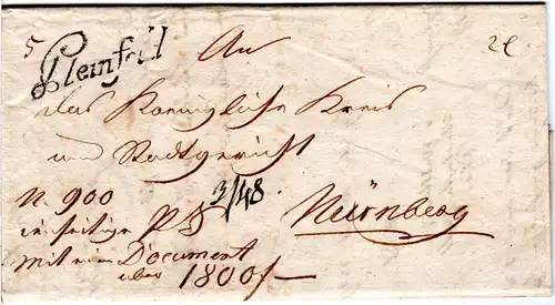 Bayern 1829, Schreibschrift-L1 PLEINFELD auf Brief n. Nürnberg