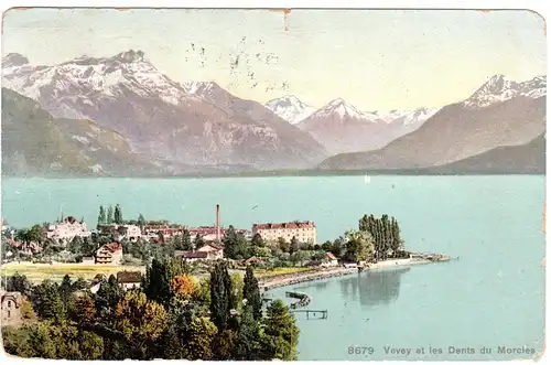 Schweiz 1907, 5+5 C. wertgleiche Mischfrankatur auf AK v. Vevey n. Schweden