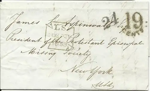 GB 1853, Transatlantik Brief v. London n. New York m. 2 Porto Stempeln