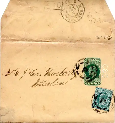 GB 1902, 1/2d Zusatzfrankatur auf 1/2d Streifband Ganzsache m. perfin C&S n. NL