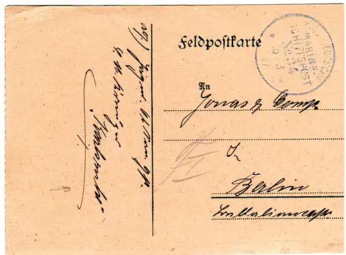DR 1917, blauer (!) K1 KD Marine Schiffspost No.34 auf Feldpost Karte