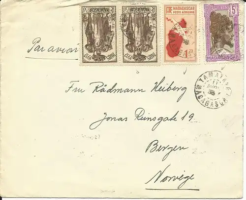 Madagaskar 1938, 4 Marken auf Luftpost Brief v. Tamatave n. Norwegen