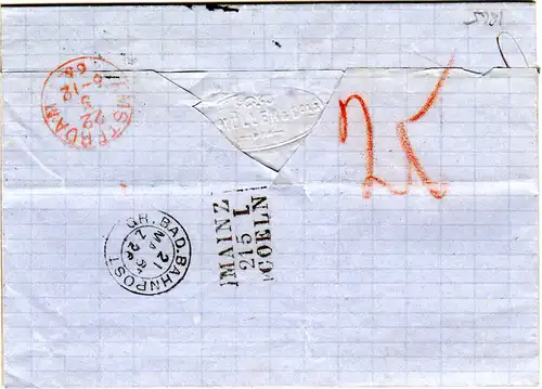 Baden 1865, K2 BADEN auf Porto Brief i.d. NL. Rücks. 2x Bahnpost