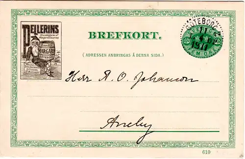 Schweden 1911, 5 öre Ganzsache m. Stpl. Göteborg u. Zudruck Margarine m. Zwerg