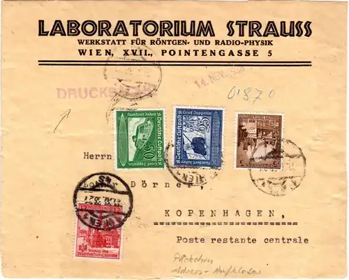 DR 1938, 4 Marken auf Adressaufkleber f. Drucksachensendung v. Wien n. Dänemark