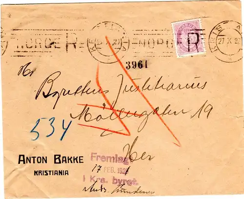 Norwegen 1920, EF 25 öre auf Einschreiben Orts Brief v. Christiania. Reko-Stpl.!