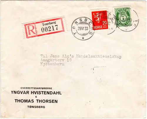 Norwegen 1933, 7+20 öre auf Reko-Drucksache Brief v. Tönsberg n. Dänemark