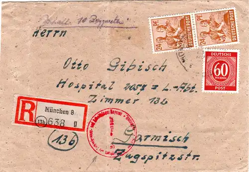 1946, Einschreiben Brief v. München m. Zensur ins Interniertenlager Garmisch