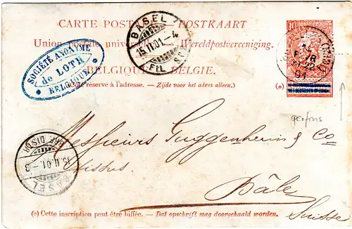 Belgien 1901, 10 C. Ganzsache m. perfin v. Bruxelles i.d. Schweiz