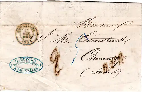 Belgien 1855, L1 B.2e.R. auf Porto Brief v. Bruxelles n. Sachsen. Portostpl. "2"