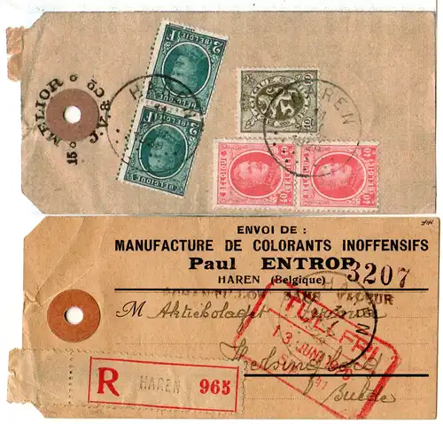 Belgien 1929, 5 Marken rücks. auf Anhänger f. Reko Muster Ohne Wert v. HAREN