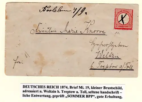 DR 1874, BARLEBEN, hds. Entwertung auf Brief m. 1 Gr. gr. Brustschlid n. Weltzin