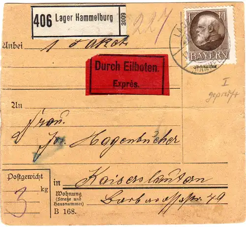 Bayern 1917, EF 1 Mk. Friedensdruck auf Eilboten Paketkarte v. Lager Hammelburg