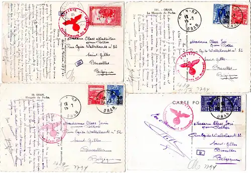 Algerien 1941, 4 Postkarten nach Belgien, je m. Dt. OKW Zensur