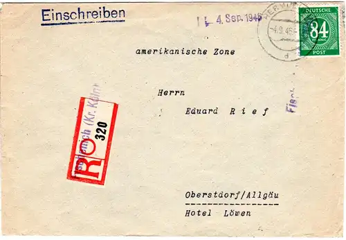 1946, 84 Pf. auf Einschreiben Brief m. Not-Reko Zettel FISCHENICH (Kr. Köln)