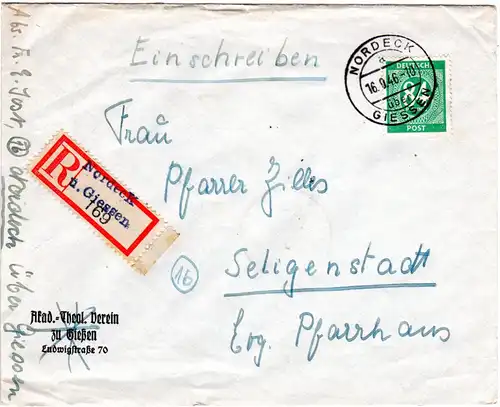 1946, 84 Pf. auf Einschreiben Brief m. Not-Reko Zettel NORDECK ü. Giessen