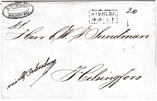 Hamburg 1848, Firmenbrief via St. Petersburg Russland nach Finnland. 29 1/2 Kop.