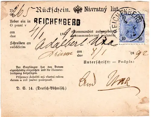 Österreich 1892, 10 Kr. auf Rückschein v. Reichenberg in Böhmen.