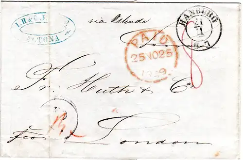 Hamburg 1849, forwarder Brief v. Altona (Dänemark) nach GB m. Aachen-K1 "P." 