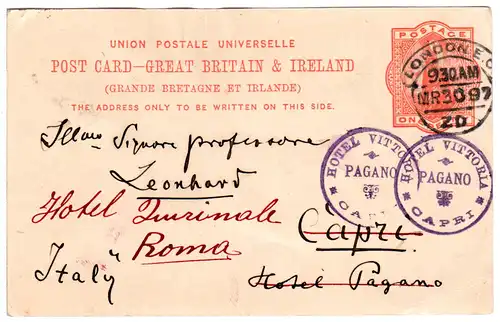 GB 1897, 1d stationery to Italy, redirected with Hotel Vittoria Pagano CAPRI