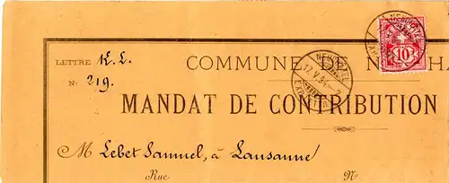 Schweiz 1894, 10 C. auf Formular Mandat De Contribution v. NEUCHATEL