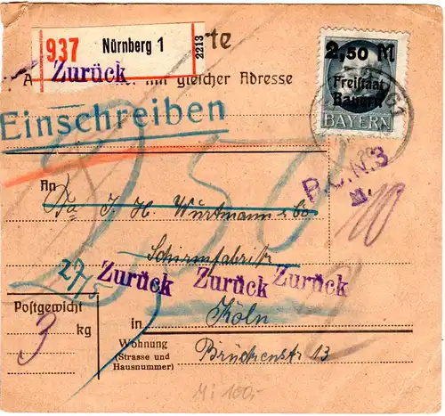 Bayern 1920, EF 2,50/2 Mk. auf Einschreiben Retour Paketkarte Nürnberg - Köln