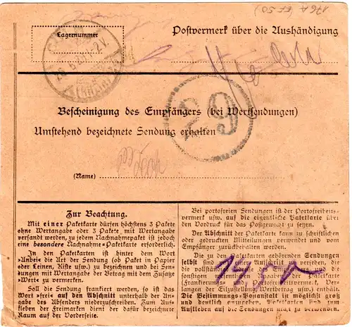 Bayern 1920, EF 2,50/2 Mk. auf Einschreiben Retour Paketkarte Nürnberg - Köln