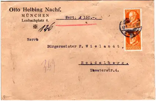 Bayern 1915, MeF 2x30 Pf. Friedensdruck auf gesiegeltem Wert Brief v. München