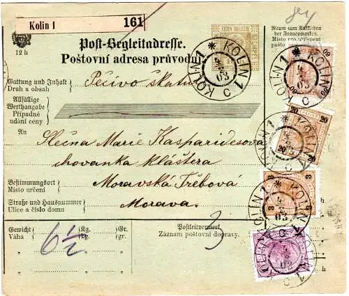 Österreich 1903, 4-farbige Buntfrankatur u. rs. Porto auf Paketkarte v. KOLIN 