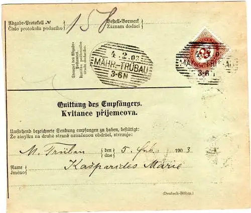 Österreich 1903, 4-farbige Buntfrankatur u. rs. Porto auf Paketkarte v. KOLIN 