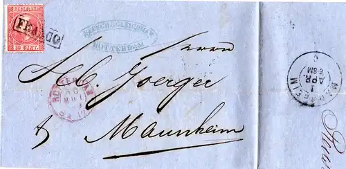 NL 1869, 10 C. m. R1 FRANCO auf Brief v. Rotterdam n. Mannheim Königreich Baden.
