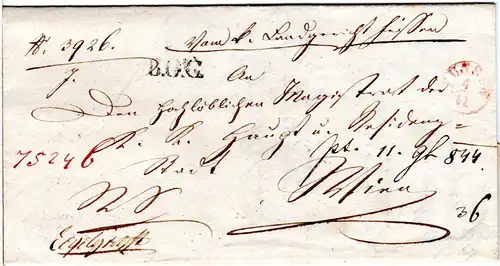 Bayern 1844, roter Fingerhut Stpl. FÜSSEN u. L1 B.O.C. auf Brief n. Österreich