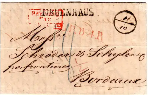 Hannover 1822, L1 NEUENHAUS u. rot L.P.B.4.R auf Brief n. Frankreich