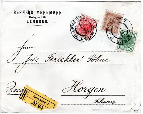 Österreich 1907, 5+10+60 H. auf Reko Firmen Brief v. Lemberg i.d. Schweiz