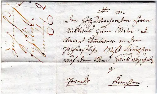 Bayern 1779, früher Franko Brief v. HOHENFURCH im Pfaffenwinkel n. Kempten