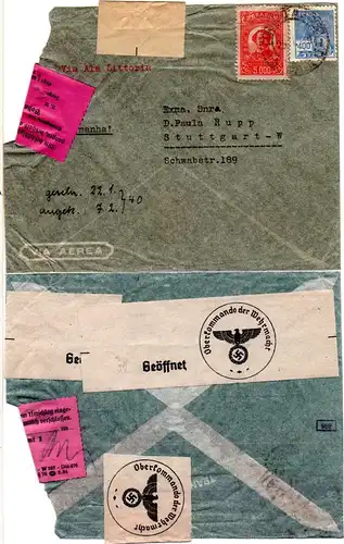 DR 1940, Brasilien Luftpost Zensur Brief m. Stuttgart PA 1 Verschluss Etikett