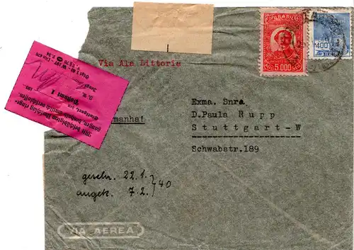 DR 1940, Brasilien Luftpost Zensur Brief m. Stuttgart PA 1 Verschluss Etikett