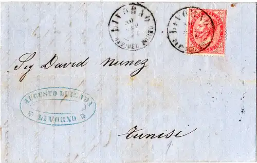 Italien 1864, 60 C. Brief  v. LIVORNO OFF. DEL PORTO n. Tunesien.  