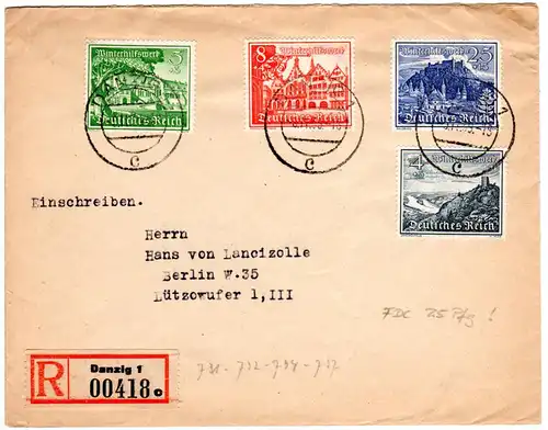 DR 1939, 25+15 Pf. m. Ersttagsstpl. auf Danzig Reko Brief m. 3 weiteren Marken