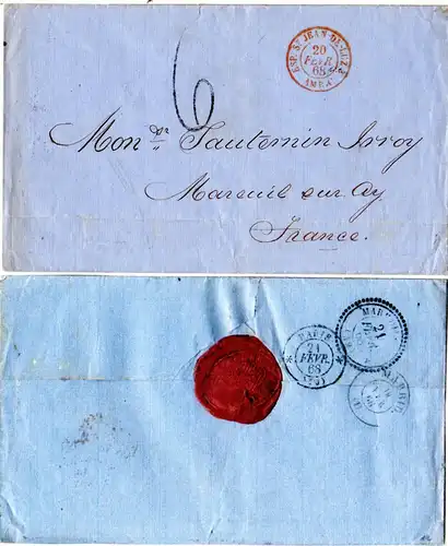 Spanien 1868, Brief v. Gibraltar n. Frankreich m. ESP. ST. JEAN DE LUZ AMB.C 