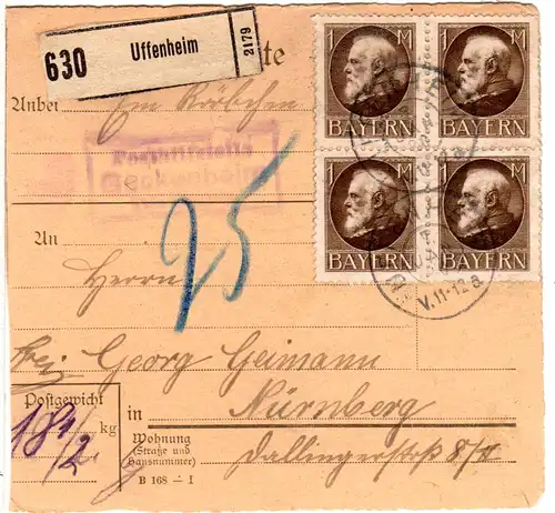 Bayern 1920, Posthilfstelle GECKENHEIM Taxe Uffenheim auf Paketkarte m. MeF 1 Mk