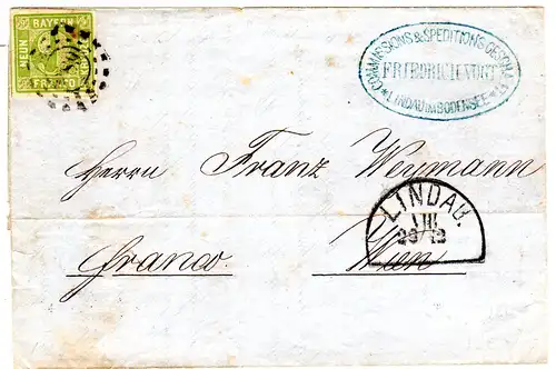 Bayern 1859, allseits breitrandige 9 Kr. auf Brief v. LINDAU n. Österreich