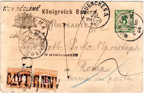 Bayern 1894, 5 Pf. Ganzsache v. München m. Italien 5+10 C. Portomarken u. retour