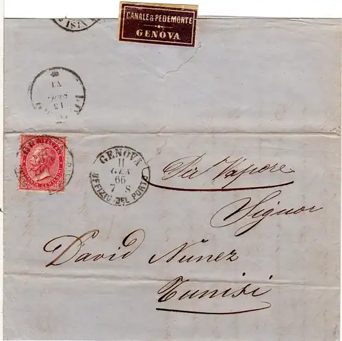 Italien 1866, 60 C. auf Brief  v. GENOVA OFFICIO DEL PORTO n. Tunesien.  