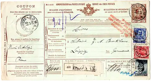 Italien 1907, 10+15+25 C. Zusatzfr. auf 1,25 L. Paketkarte v. Rom n. Deutschland