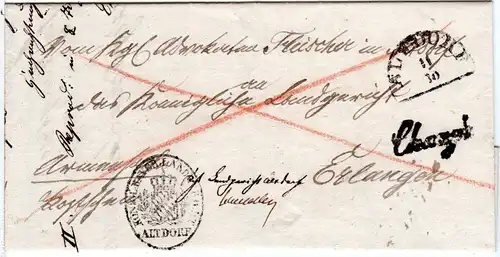 Bayern 1850, HKS ALTDORF u. L1 Chargé auf Armensache Reko Brief n. Erlangen